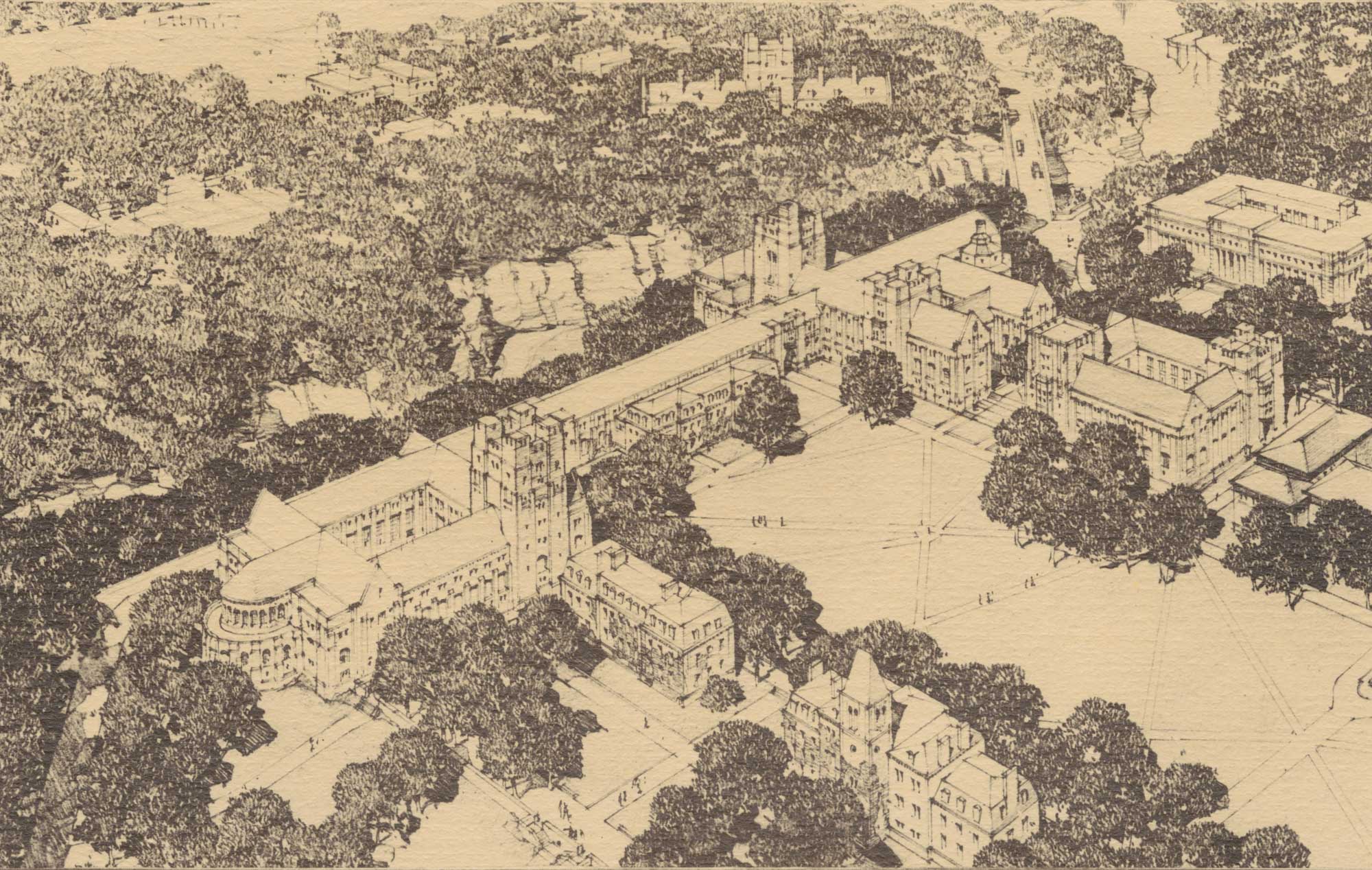 Sketch of engineering buildings at Cornell University circa 1925