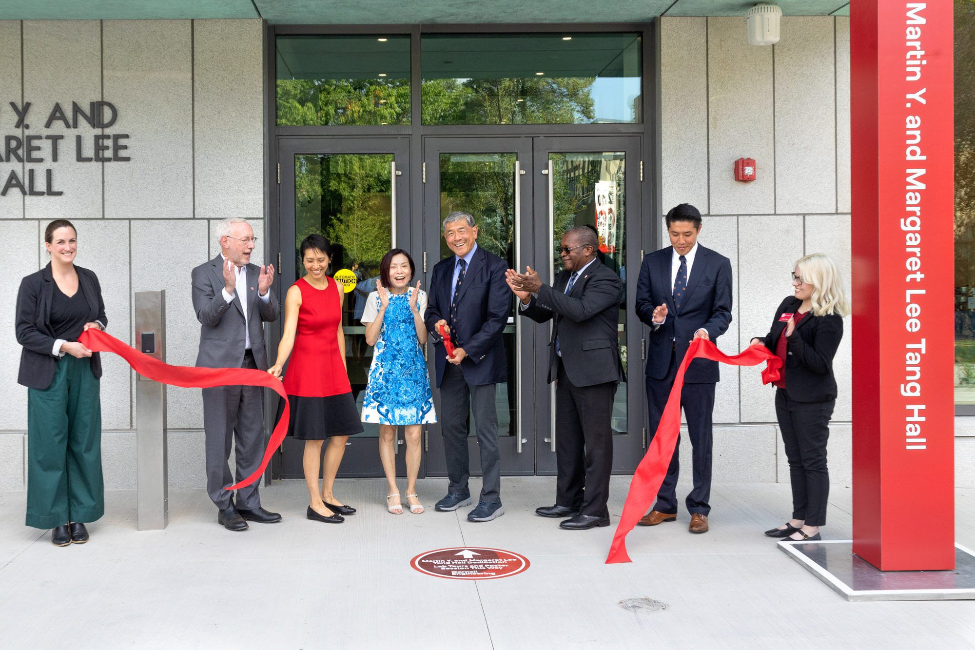 A ceremony is held for the opening of the Martin Y. And Margaret Lee Tang Hall on the Pew Engineering Quad.