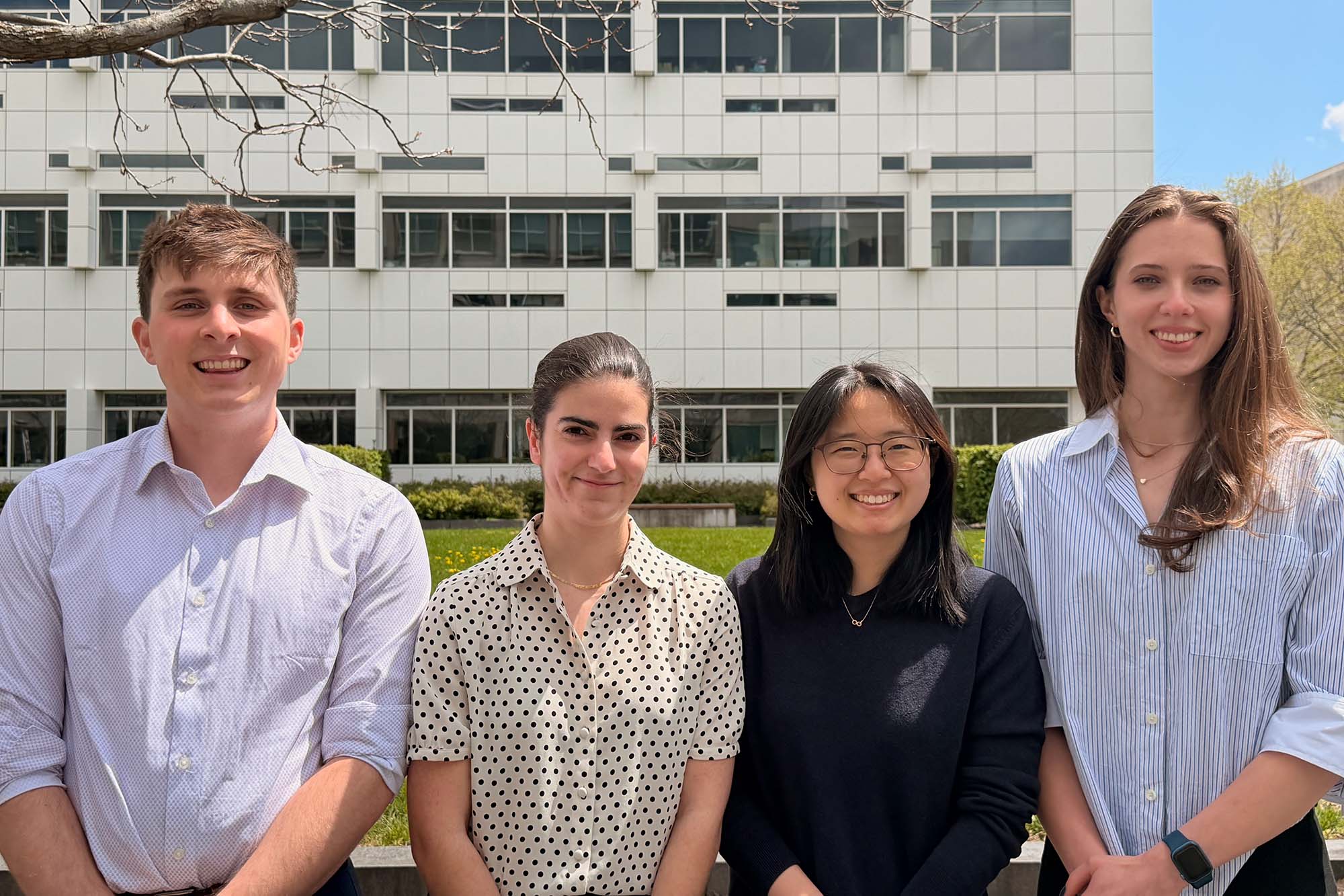 Biomedical engineering 2026 NSF GRFP doctoral awardees stand together outside of Weill Hall. Justin Levine, Mary Mikos, Seo-Ho Lee and Alexandra Kot.