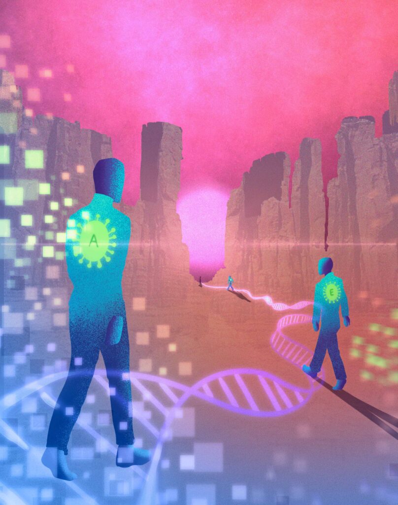 Illustration by Connie Michelle Molina depicting Cárdenas Ramírez’s research on how pathogens evolve new characteristics. Figures of diminishing sizes and labeled with letters that indicate different (changing) pathogens walk along a strand of DNA toward a canyon.