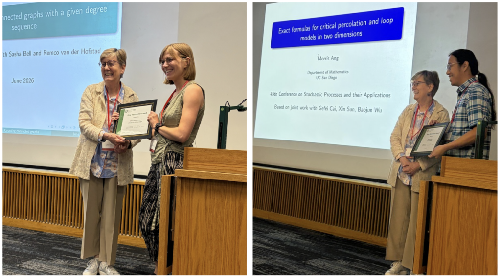 Serte Donderwinkle and Morris Ang, two of the conference’s three New Researcher Awardees, presented talks on the third day of the conference. (The third awardee, Haonan Zhang, was unable to attend.) Donderwinkle and Ang are seen here receiving their New Researcher Award certificates from Nancy Reid, President of the Bernoulli Society.