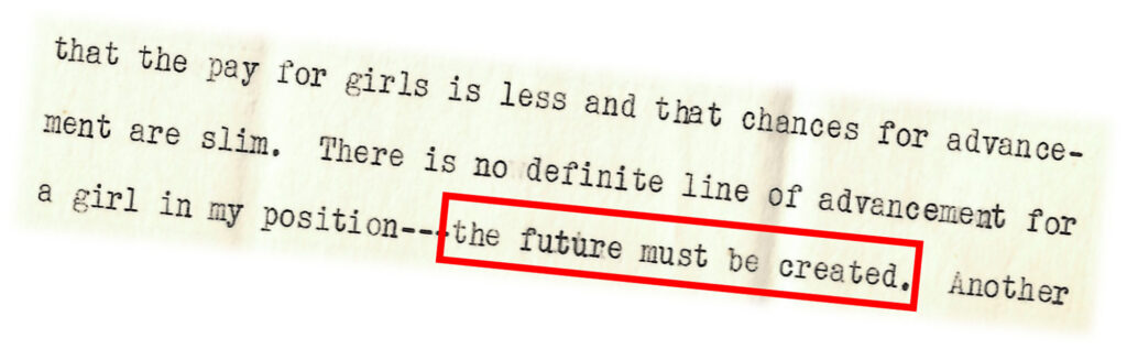 Excerpt from a letter from Billie Carter Nelson '49, "the future must be created" circled in red.